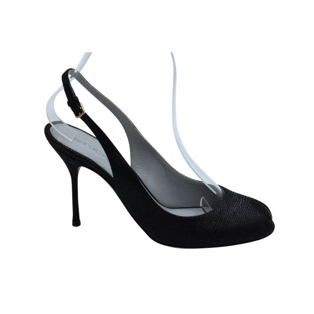 Sergio Rossi Peep Toe Slingback Heels in Black Textured Leather